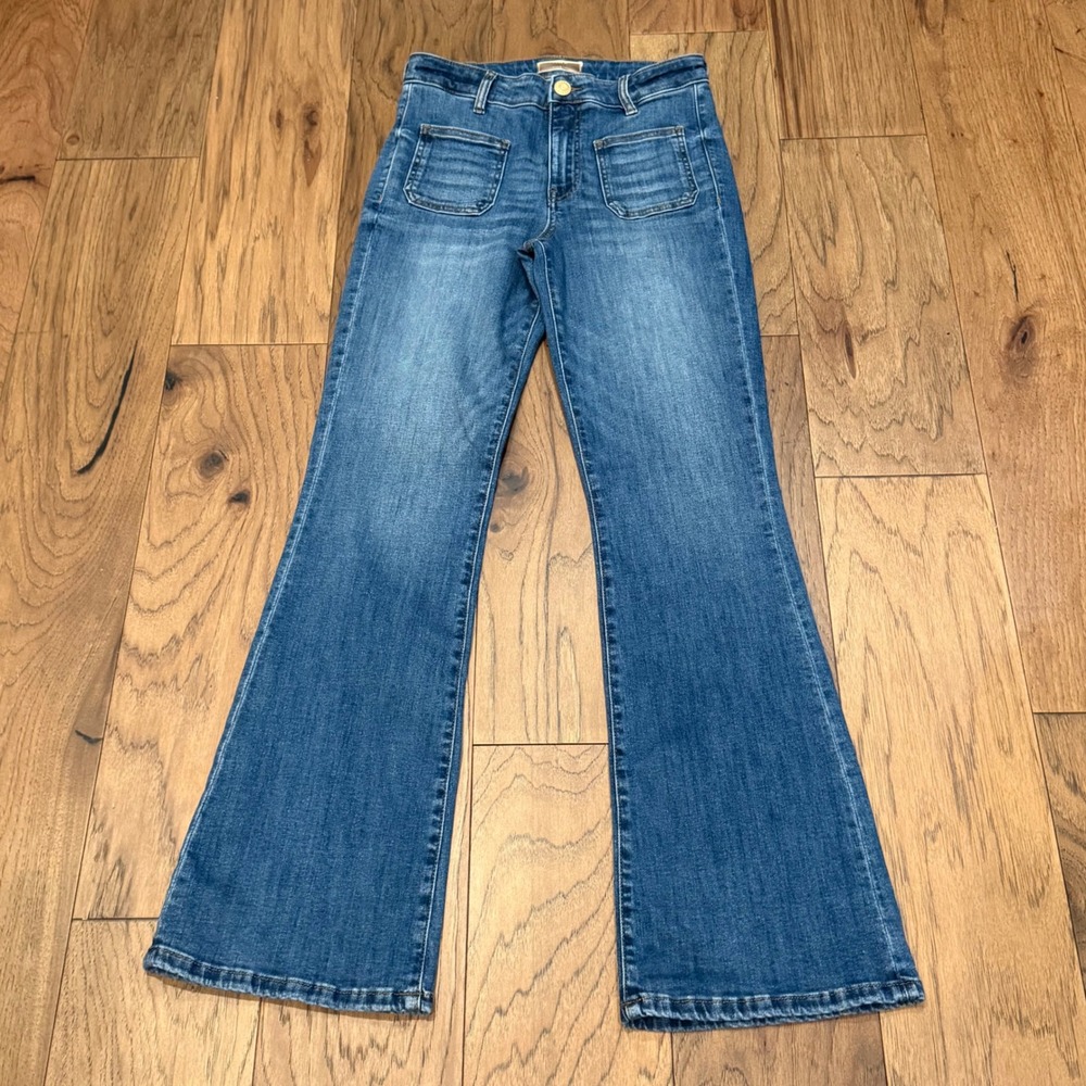 KUT from the Kloth Ana High Rise Flare Jeans Medium Wash Patch Pockets
